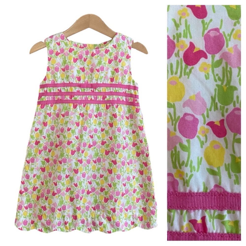 Lilly Pulitzer vintage pink yellow green tulip Easter shift dress scalloped hem
